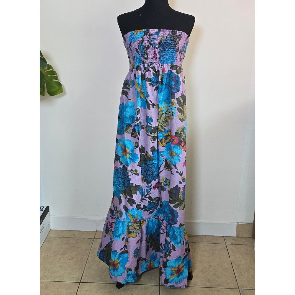 Floral Strapless Maxi Dress Size 2 Purple Blue Cotton vacation resortwear summer